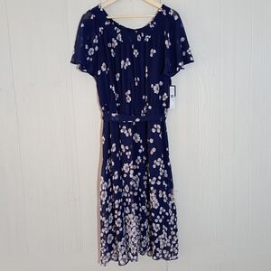 Navy Blue Floral Midi Dress with Belt